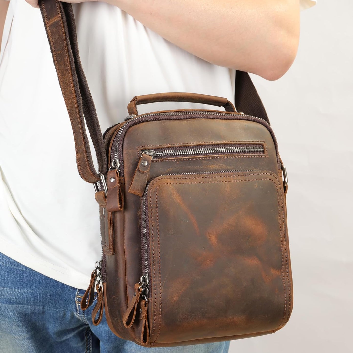 KPYWZER Genuine Leather Shoulder Bag Small Men Messenger Pack Handbag Sling Crossbody Bag Man Purse for Business