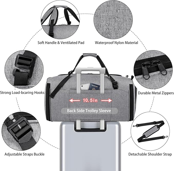Convertible Garment Bags for Travel - Carry on Garment Duffle Bag with Backpack Straps for Men Women, 4 in 1 Large Travel Duffel Bags with Shoes Compartment Hanging Suit Dress Weekender Bag 3pcs Set
