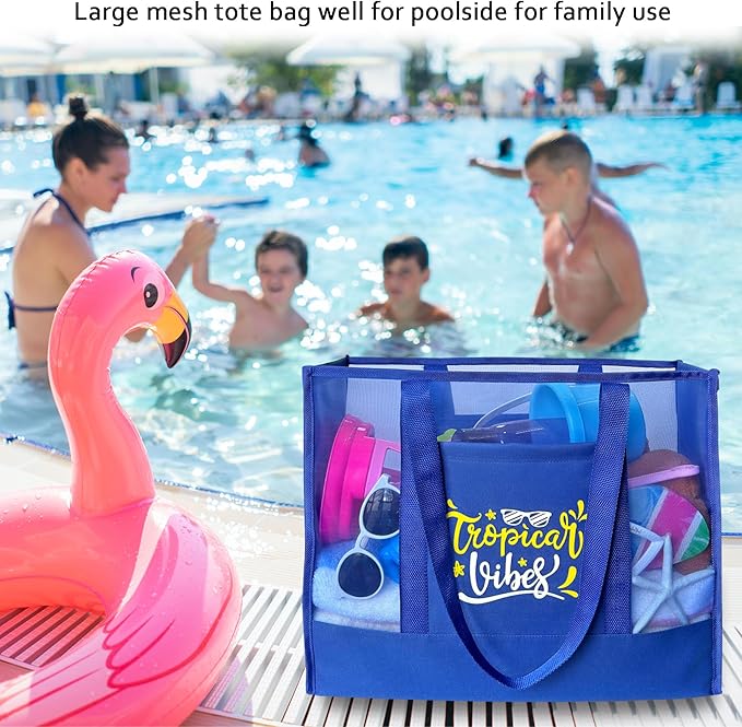 Reusable Large Beach Bags With 2 Pockets & Zipper, Lightweight Beach Tote for Poolside, Trip/swim