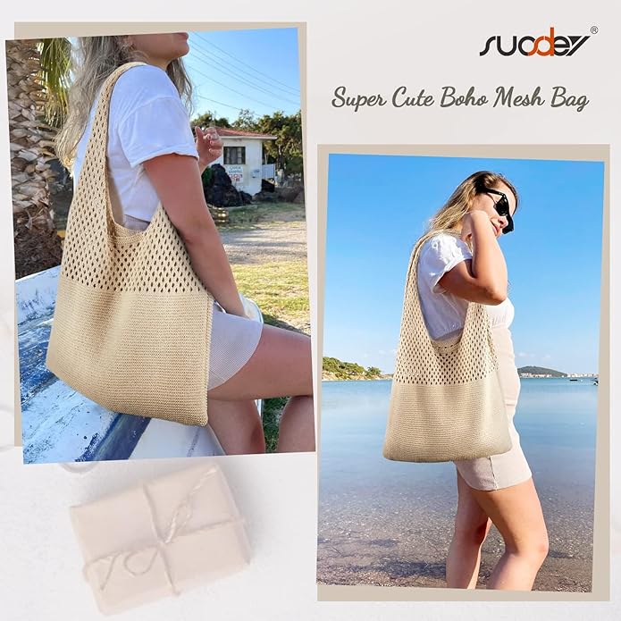Beach Tote Bag for Women, Crochet Boho Aesthetic Mesh Shoulder Summer Vacation