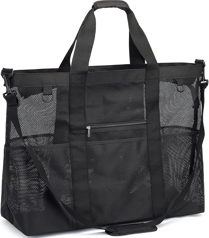 Mesh Beach Bag with Zipper, Large Beach Tote for Women, Toys Pool Swim Bag Travel Vacation Cruise Essentials