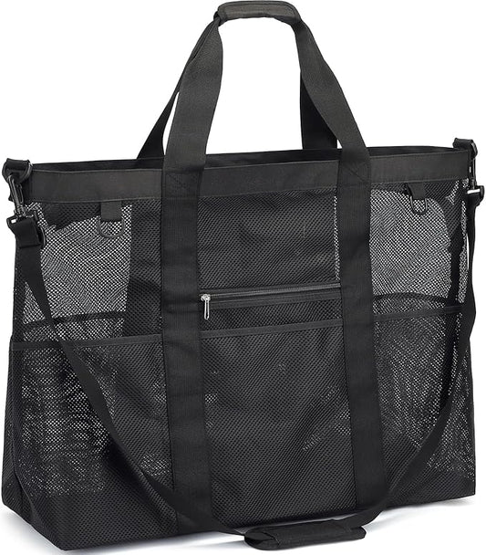 Mesh Beach Bag with Zipper, Large Beach Tote for Women, Toys Pool Swim Bag Travel Vacation Cruise Essentials