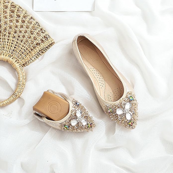 Women Ballet Flats Sparkly Rhinestone Wedding Ballerina Shoes Pointed Toe Foldable Comfort Slip on Flat Dress Shoes