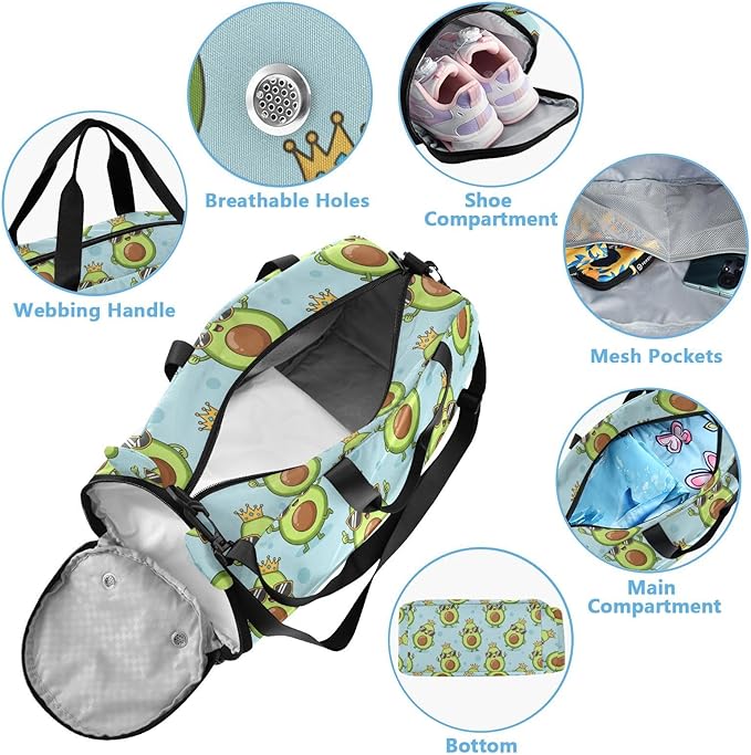 Cartoon Avocado Sunglasses Blue Pattern Kids Sports Duffle Bag for Boys Girls Toddler Weekender Overnight Bag with Shoe Compartment & Wet Pocket Kids Travel Bag for Travel Gym Sport Dance
