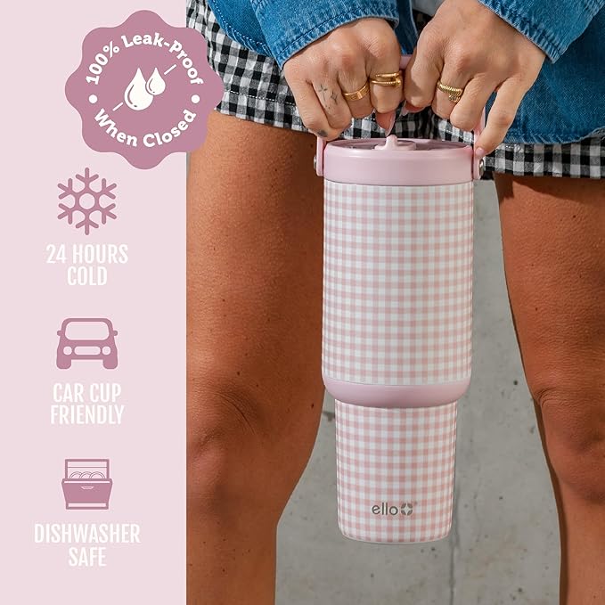 Ello Oasis Go+ 26oz Tumbler with Top Handle and Retracting Straw | Reusable Insulated Stainless Steel Cup, 100% Leakproof Water Bottle, 24 Hours Cold, Cup Holder Friendly For Travel | Pink Gingham