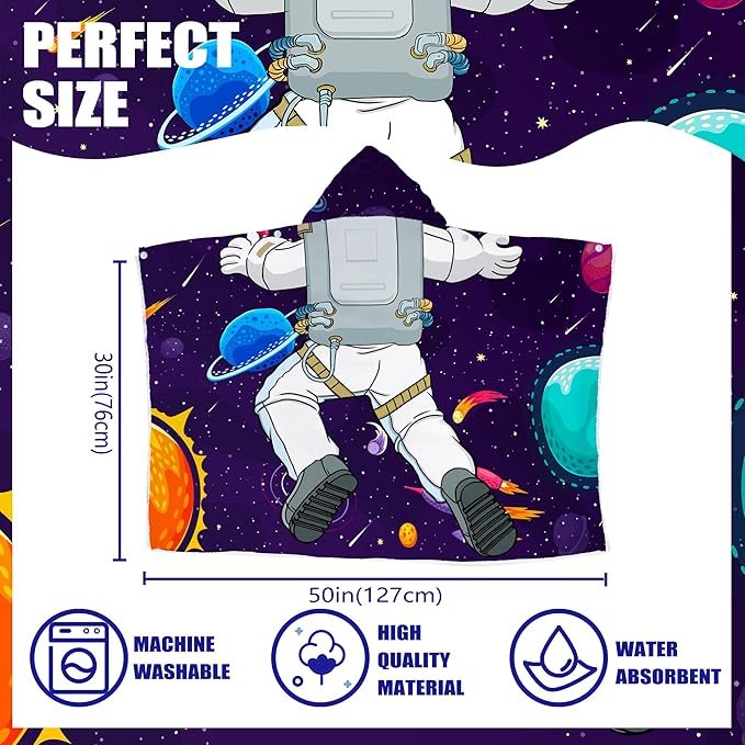 Spaceman Hooded Beach Towel for Boys, Soft & Absorbent Universe Spaceman Poncho Towel, 30”x50” Cool Cartoon Spaceman Bathrobe for Kids, Quick Dry Swim, Pool, and Bath Time