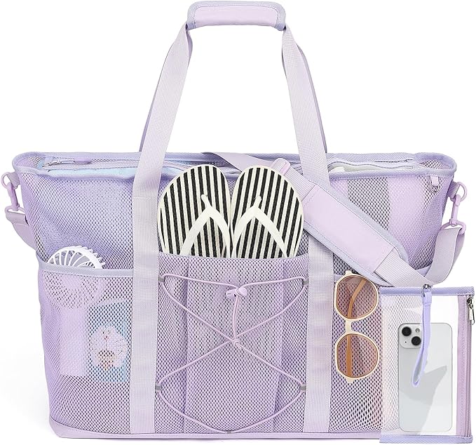 Mesh Beach Bag, Foldable Extra Large Beach Bags with Zipper Pool Bag with Portable Phone Pouch for Vacation Pool