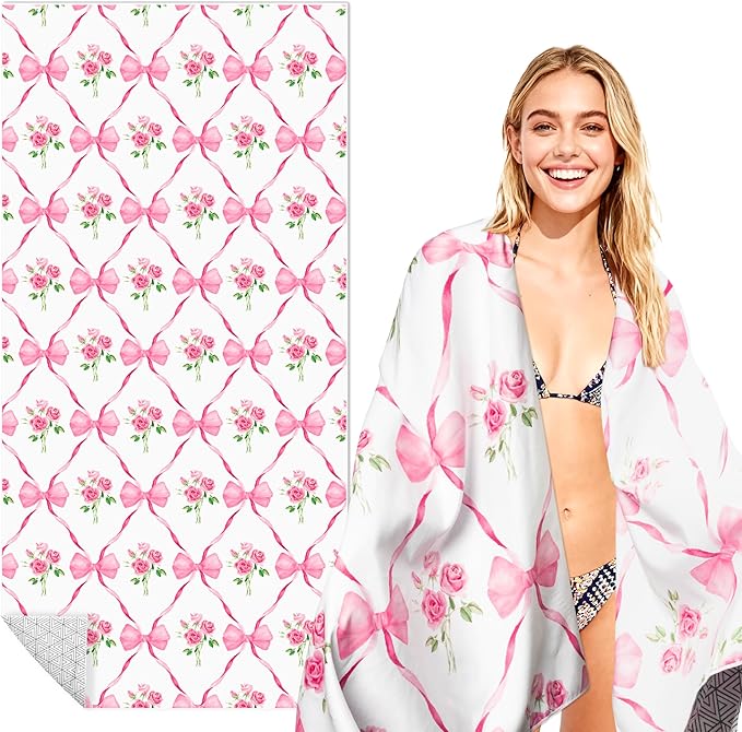 Pink Bow Oversized Beach Towel - Rose Flower Sand Free Thin Quick Dry Absorbent Lightweight Microfiber Towel Beach Accessories for Girl Women Travel Sport Swimming Pool Bath Camping Vacation Essential