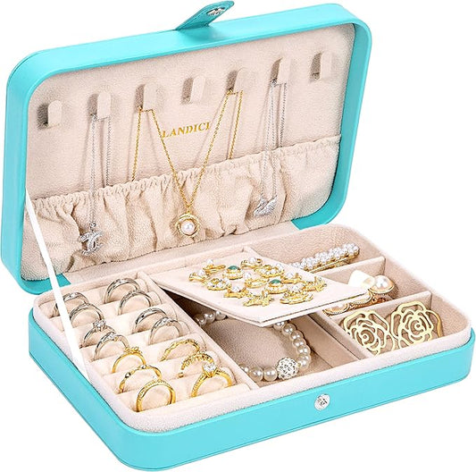 LANDICI Small Jewelry Box for Women Girls, PU Leather Travel Jewelry Organizer Case, Portable Jewellery Storage Holder Display for Ring Earrings Necklace Bracelet Bangle Watch Men Kids Gift, Lake Blue