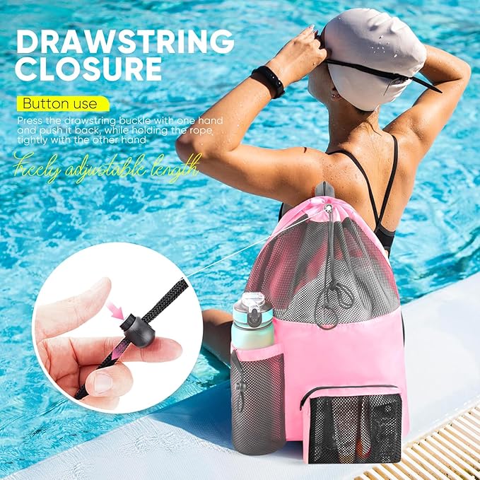 Swim Mesh Beach Bag, Waterproof Gym Bags for Women and Men, Large Pool Bag Swimming Gear Drawstring Backpack