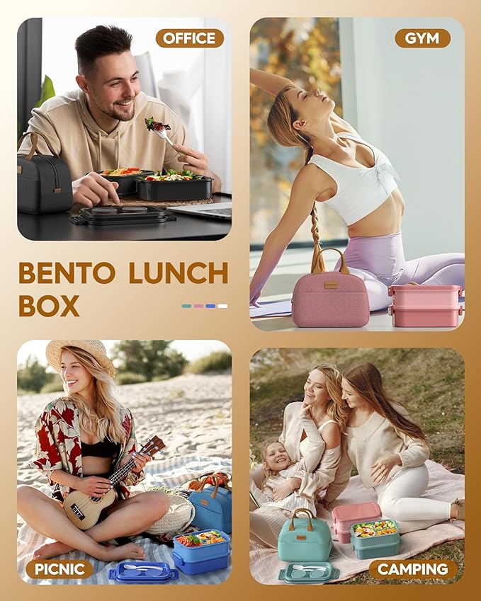 Adults Bento Lunch Box Set with Thermo Bag, 74oz Stackable Leak-proof 3-tiers Bento Box, Built-in Utensil and Sauce Container for Work, School, Dining Out (Black)