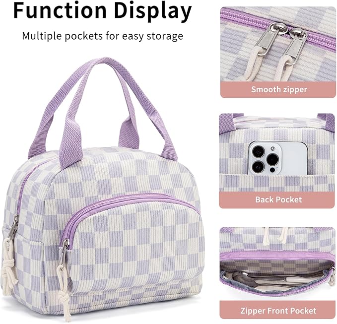 Lunch Bag Women Lunch Box for Women Adult Cute Insulated Lunch Bag Small Cooler Lunch Tote Bags for Work Picnic School (Beige-Purple Plaid)