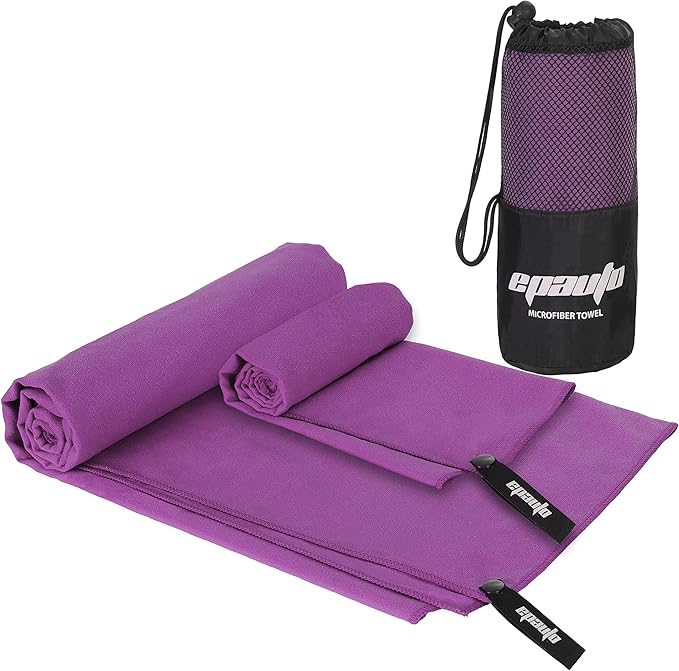 EPAuto Microfiber Fast Drying Towels 2-Pack (60" x 30", 24" x 15") for Travel, Gym, Camping, Beach and Backpacking, Purple