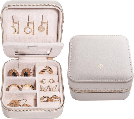 S.Leaf Travel Jewelry Organizer - Portable Jewelry Case Box for Women - Mini Travel Case (03 Lychee Beige)