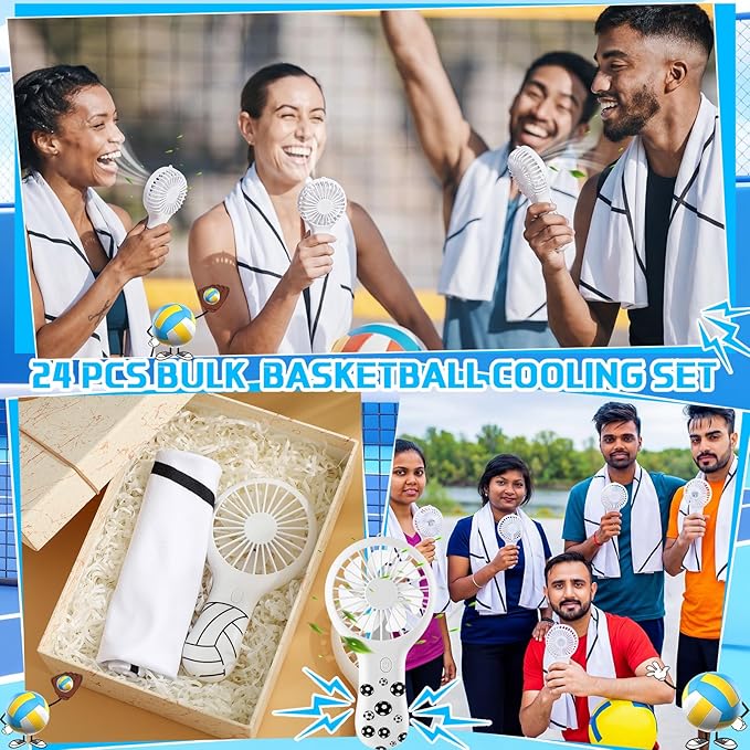 Woanger 24 Pcs Volleyball Cooling Towels and Fans Sets Mini Handheld Fans Bulk 3 Speeds USB Lash Towel for Sporting Volleyball Gifts for Team Games Party Favor