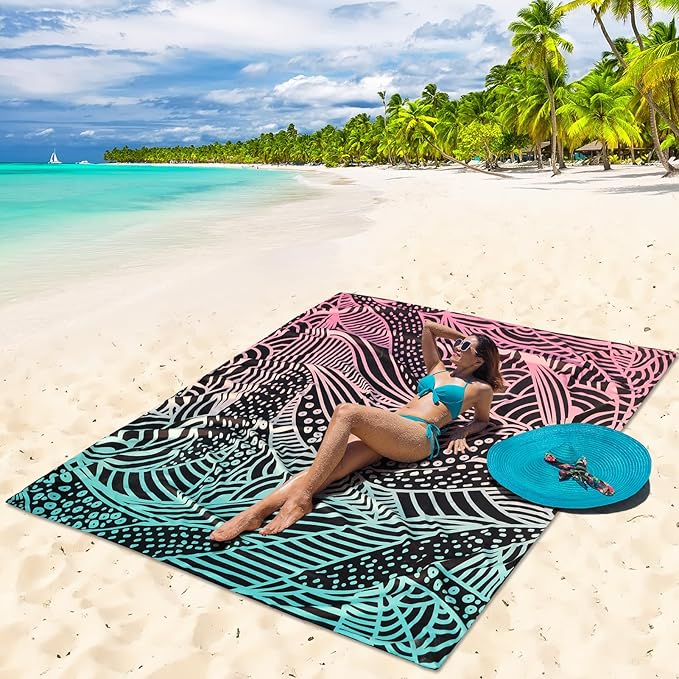 Beach Blanket Waterproof Sandproof Beach Mat for 1-8 Adults Quick Drying Durable Outdoor Picnic Mat for Beach Festival Travel Camping Hiking (Gradiant BK-Ripple, 79"×83"(4 Person))