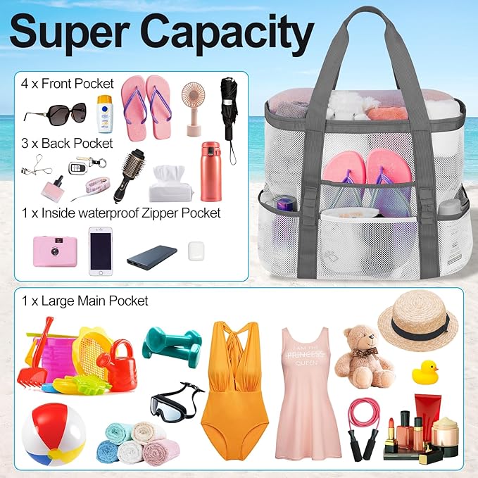 Mesh Beach Bags for Women - Family Beach Tote Bag for Toys, Towels, Travel Vacation Cruise Essentials
