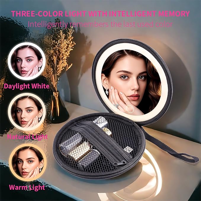 LED Makeup Mirror with Pouch, Portable Lighted Mirror, USB Rechargeable Travel Mirror, 3 Color Modes, Folding Vanity Mirror for Women