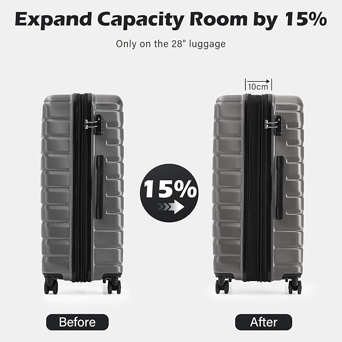 Coolife Expandable Large Checked Luggage with Spinner Wheels, Hard Shell Suitcase TSA Lock Rolling Travel Luggage 28-inch,Gray