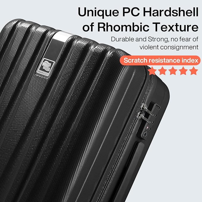 Hanke Luggage Sets 3 piece Carry On Luggage with Wheels PC Hard Shell Suitcases Lightweight Checked Travel Luggage Large Travel Suitcase Woman Men 20/24/29 Inch(Jet Black)