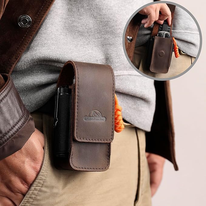 Topstache Multitool Sheath for Men - Belt Leather Multitool Holster - EDC Belt Organizer for Leatherman, Gerber - Magnetic Closure Multitool Pouch Fits Folding Tool, Darkbrown