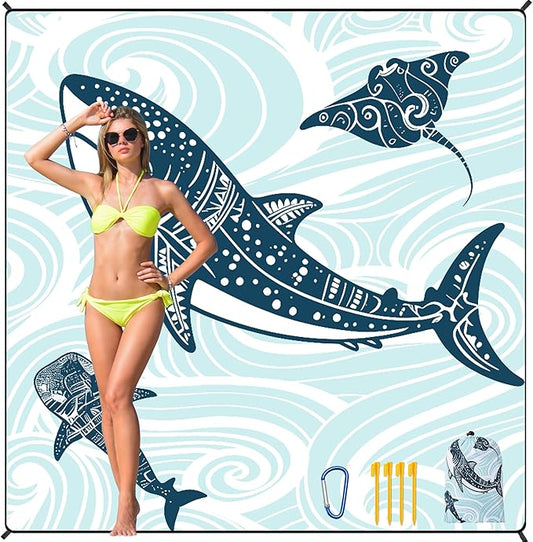Beach Blanket Waterproof Sandproof Beach Mat 79”x 83” for 1-8 Adults Quick Drying Durable Outdoor Picnic Mat for Beach Festival Travel Camping Hiking (Shark, 79"×83"(4 Person))