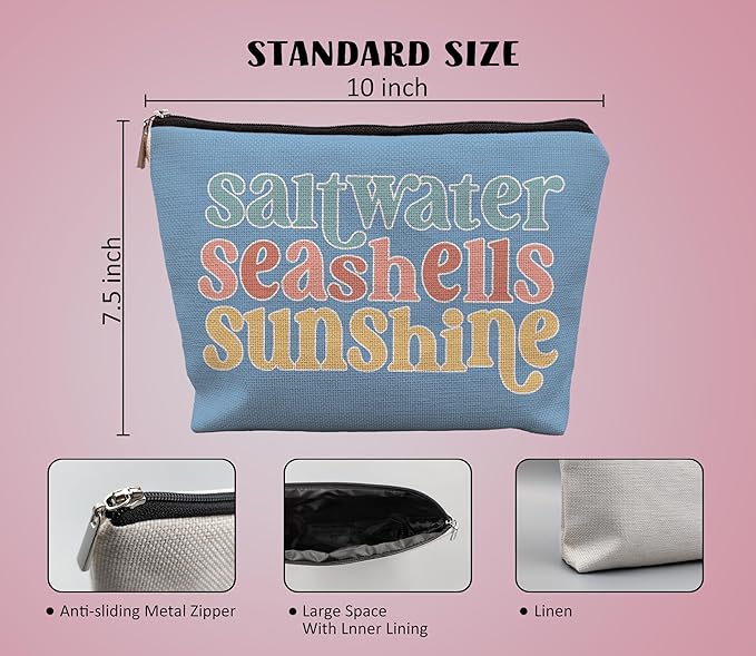 Beach Makeup Bag,Sunscreen Summer Travel Makeup Pouch,Saltwater Seashells Sunshine Travel Cosmetic Zipper Bags for Women,Beach Gifts for Women (color-02)