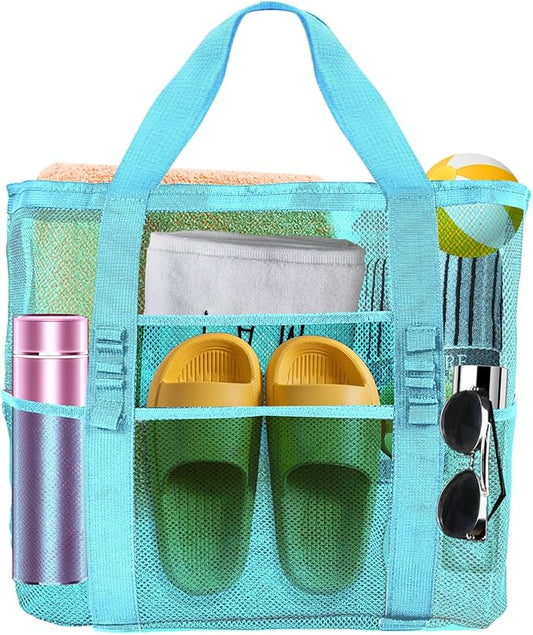 Large Mesh Beach Bag - Lightweight & Foldable Family Beach Bag with 9 Pockets for Toys, Towels & Vacation Essentials