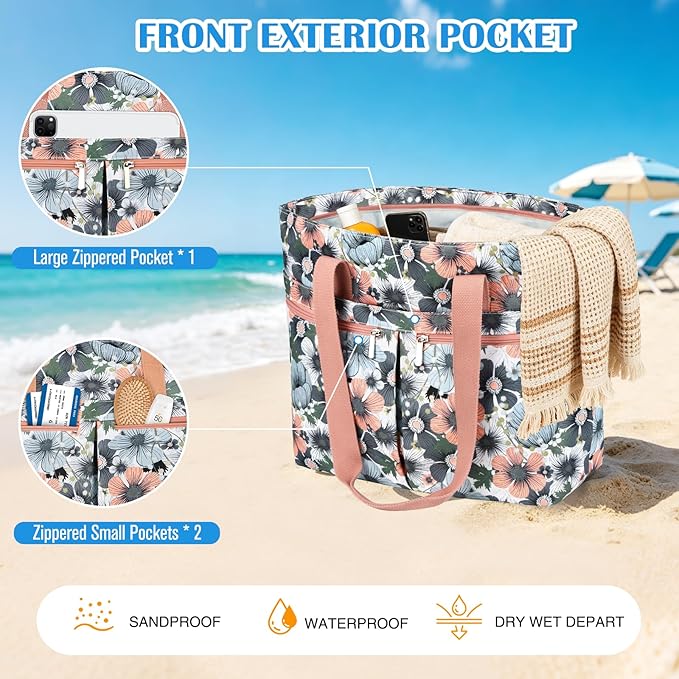 HUANLANG Large Beach Bags for Women Pool Bag with Zipper, Waterproof Sandproof Beach Tote Travel Bag with Wet Pocket | Waterproof, Large capacity, Dry/wet separation, Cooling function, Durable fabric, sandproof