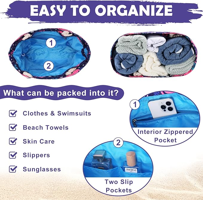 Kasqo Beach Bags for Women, Large Waterproof Beach Bag Tote Zipper Swim Pool Bag with Small Pouch for Grocery Travel Vacation
