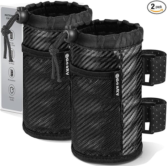 GEARV 2Pack Cup Holder for Bike, Scooter and Wheelchair, Water Bottle Holder for UTV/ATV, Walker, Golf Cart and Beach, Universal Drink Holder Accessories with Net Pocket and Cord Lock (Carbon Fiber)