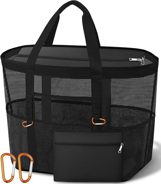 2026 Chic & Spacious XX-Large Beach Bag for Women — Mesh × Canvas Tote with Top Zipper, 11 Pockets, Detachable Pouch | 40L+ Spacious, 11 Tall Pockets, Zipper Pouch, Secure Zip-Top, Sand-Resistant Base