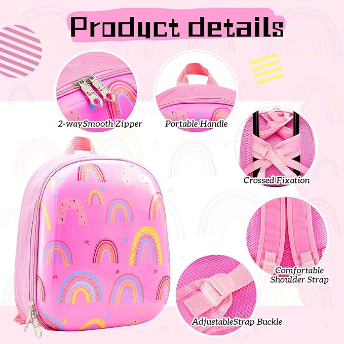Sanwuta 4 Pcs Kids Luggage Set Rolling Suitcase Backpack U-shaped Pillow Kids Carry On Gift for Summer Travel Family Trip(17 Inch,Rainbow Style,Pink)