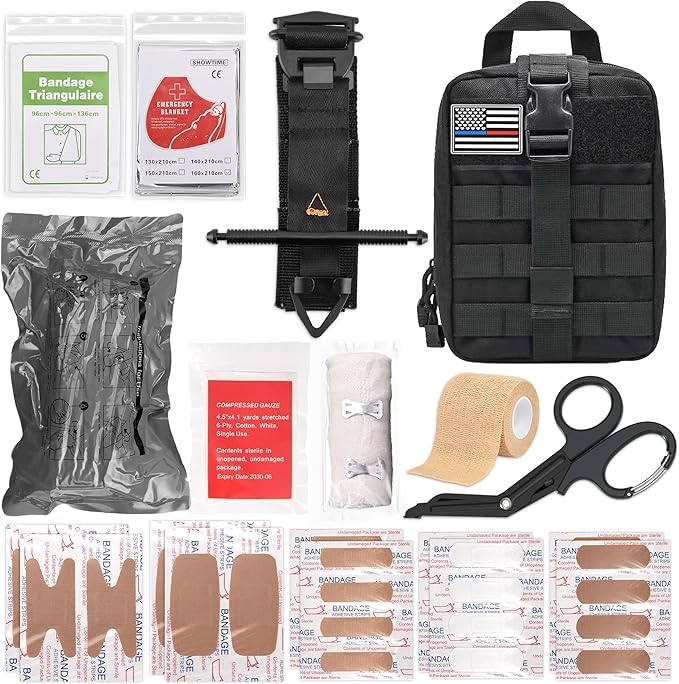 IFAK Trauma Kit with Tourniquet, 4-Inch Israeli Bandage, Tactical First Aid Kit for Car, Camping, Hiking and Travel with Molle Bag (Black)