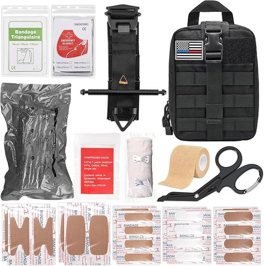 IFAK Trauma Kit with Tourniquet, 4-Inch Israeli Bandage, Tactical First Aid Kit for Car, Camping, Hiking and Travel with Molle Bag (Black)