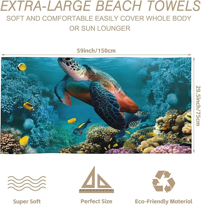 Beach Towel,Undersea World Turtle and Colorful Corals Lightweight Compact Sand Free Quick Dry Oversized Pool Swimming Towels for Girls Women Adults,29.5"×59"