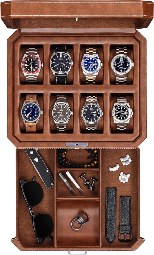 ROTHWELL 8 Slot Leather Watch Box with Valet Drawer - Luxury Case Display Jewelry Organizer, Locking Display Case Holder, Real Glass Top - Watch Box Organizer for Men & Women (Tan/Brown)