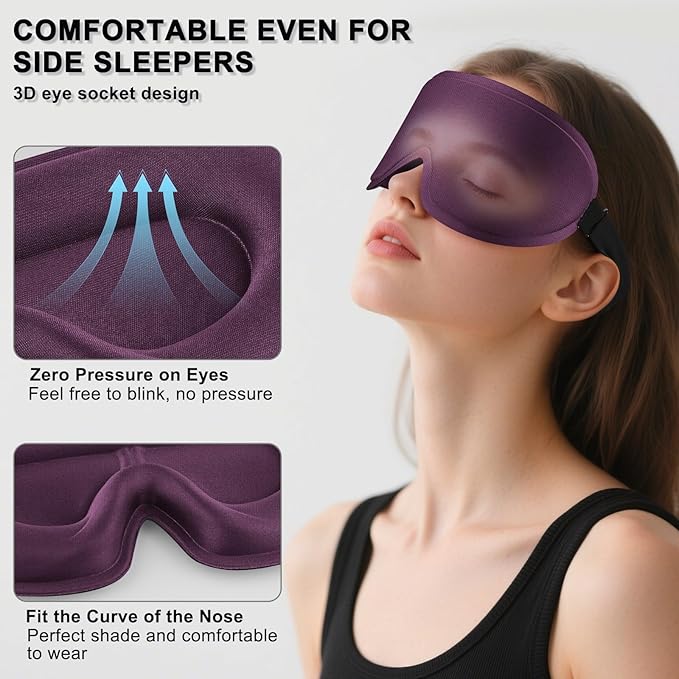 2 Pack Sleep Mask for Side Sleeper, Complete Light Blocking 3D Sleeping Eye Mask, Soft Breathable Eye Cover for Women Men, Travel, Nap, Relaxing Zero Pressure Night Blindfold (Black+Purple)