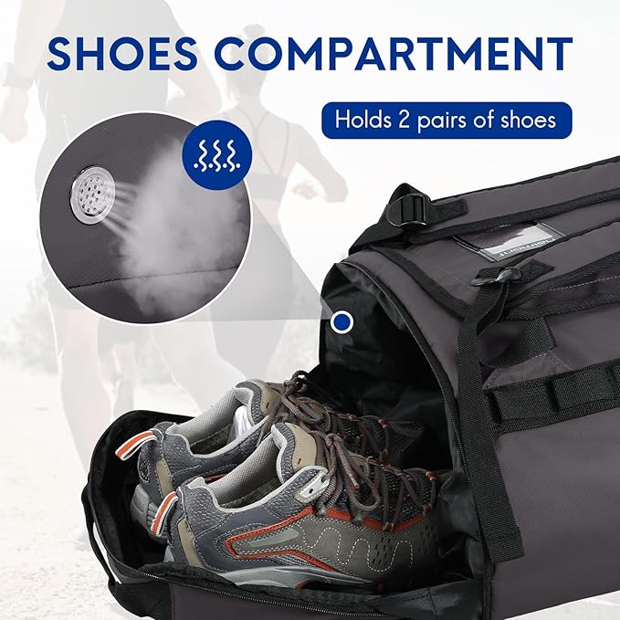 Haimont Duffel Backpack Bag 50L Water Repellent Sports Gym Bag Foldable Men Women with Shoe Compartment for Travel Hiking Camping Outdoor, Upgrade, Dark Grey