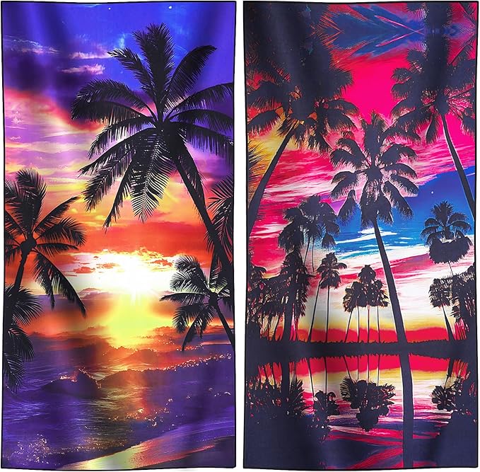 2 Packs Lightweight Thin Microfiber Beach Towel Oversized Quick Dry Compact Sandproof Clearance Towels Sand Free Swimming Pool Easy Pack Travel Accessories Essentials Women AdultsSunset Coconut Tree