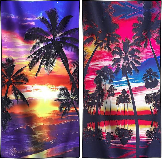 2 Packs Lightweight Thin Microfiber Beach Towel Oversized Quick Dry Compact Sandproof Clearance Towels Sand Free Swimming Pool Easy Pack Travel Accessories Essentials Women AdultsSunset Coconut Tree
