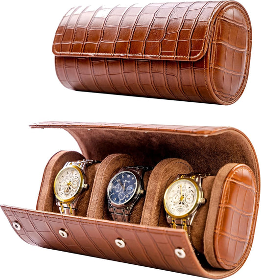 MR.OKAY 3 Watch Travel Case- Classic Leather Watch Case With Superb Texture.(Portable Watch Roll Or Organizer For Storage And Display).Festival Gift For Men, All Handcrafted By Artisans.