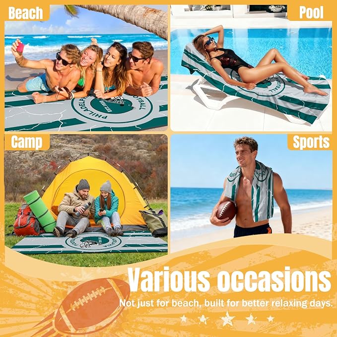 Football Fan Thin Lightweight Microfiber Beach Towel Themed Large Sand Free Oversized Portable Towels Men Women Gear Eagles Team Boyfriend Father Birthday Valentines Anniversary Gag Cool Nice Gift