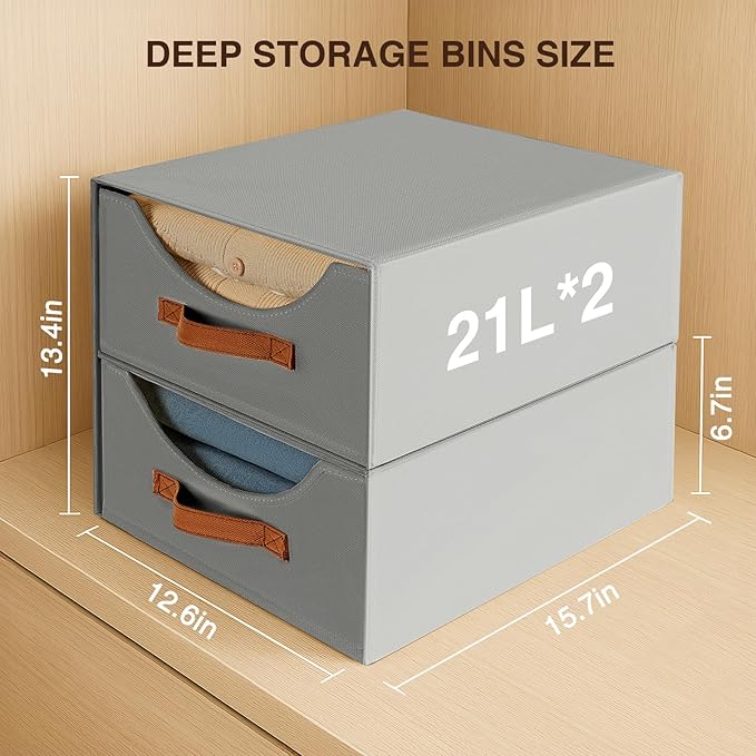 Stackable Storage Drawers - Large Collapsible Storage Bins with Drawers, 8 Pack Closet Shelf Organizer Basket, Fabric Pull Out Organizer for Bedroom, Living Room, Dorm, Grey