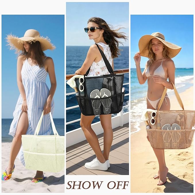 Beach Bag for Women with Outer Pocket, Waterproof Large Tote Bag for Cruise Essentials