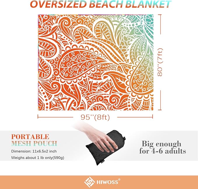 Beach Blanket Waterproof Sandproof Oversized 95”x 80”,Sand Free Beach Mat with Corner Pockets,Portable Mesh Bag for Beach Festival,Picnic,Travel and Outdoor Camping (Ombre Portland Orange)