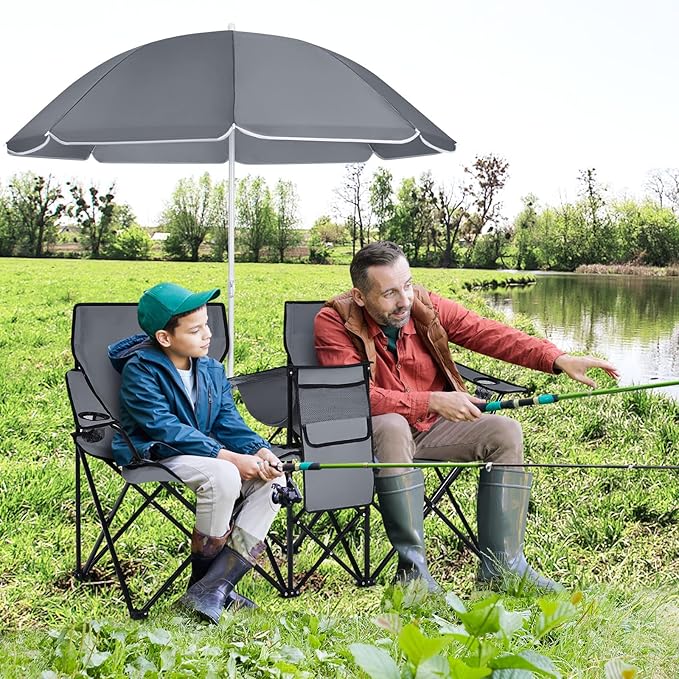 KOTEK Double Camping Chair, Folding Camp Chair with Removable Umbrella, Cup Holders, Cooler Bag, Side Pocket & Carry Bag, 2-Person Beach Chair for Outdoor, Sports, Concerts, Travel, Picnic (Grey)