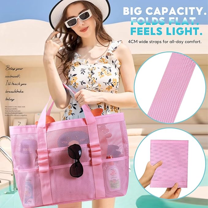 Large Mesh Beach Bag – Lightweight Beach Tote with 9 Pockets, Beach Bag for Women, Men, Family Essentials