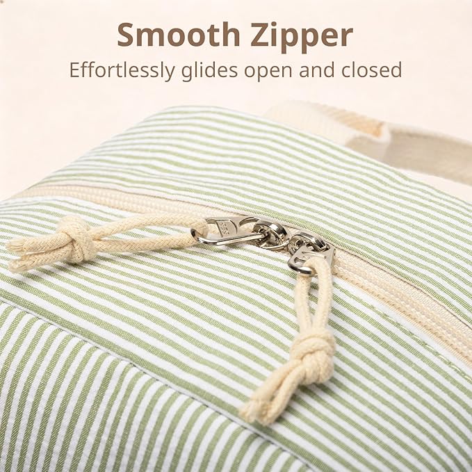 Insulated Lunch Bag for Women, Reusable Green Striped Lunch Box Cooler Bag with Large Capacity, Durable Lunch Tote for Work