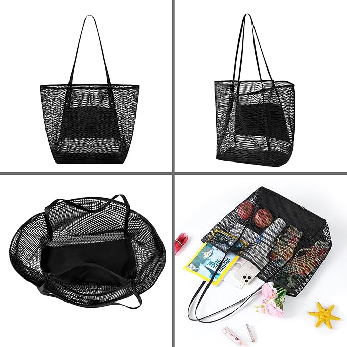 Tavaleu Mesh Beach Bag, Beach Bags for Women, Woven Straw Beach Tote Bag Waterproof with Inner Pocket, Packable Beach Bag